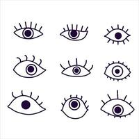 Augen einstellen groovig Sammlung. einfach Gliederung Hippie öffnen Auge Symbole. Mensch Vision. Illustration isoliert auf Weiß vektor