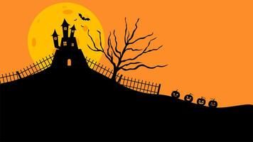 halloween slott platt design vektor illustration. halloween baner med silhuett av skrämmande slott på orange bakgrund med full måne. illustration för Semester kort, inbjudningar, banderoller