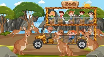 Safari am Tag mit Kindern, die eine Känguru-Gruppe beobachten vektor