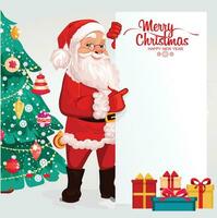 heiter Santa Klaus, lächelnd Karikatur Charakter, auf ein Hintergrund mit ein Weihnachten Baum. Weihnachten Urlaub, gegen das Hintergrund von das Banner. Vektor Illustration