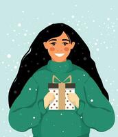 Lycklig kvinna ger en gåva. glad jul och Lycklig ny år. vektor illustration