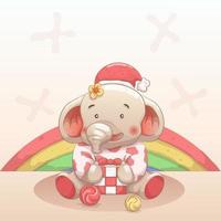 söt baby elefant glad att få gåva i jul. vektor