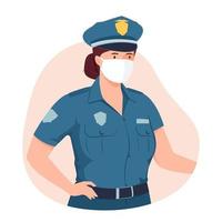 polis kvinnlig officer bär medicinsk mask vektor