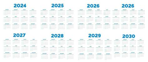 2024, 2025, 2026, 2027, 2028, 2029, 2030 Kalender einstellen Vektor Illustration. Woche beginnt auf Sonntag, einfach Planer Design Vorlage korporativ Geschäft Mauer Kalender Design bündeln.