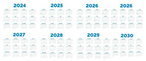 2024, 2025, 2026, 2027, 2028, 2029, 2030 kalender uppsättning vektor illustration. vecka börjar på söndag, enkel planerare design mall företags- företag vägg kalender design bunt.