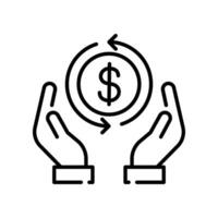 Cashback Symbol, Rückkehr Geld. Gehalt Geld, investieren Finanzen, Hand halten Dollar. Rückkehr von Investition Symbol. Geld zurück Erstattung. dünn Linie Silhouette Vektor Illustration. Design