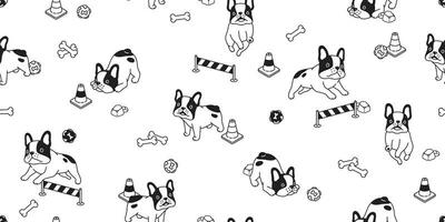 Hund nahtlos Muster Vektor Französisch Bulldogge Knochen Ball Spielzeug der Verkehr Kegel Karikatur Schal isoliert wiederholen Hintergrund Fliese Hintergrund Illustration Design