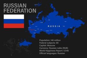 mycket detaljerad ryska federationskartan med flagga, huvudstad och liten karta över världen vektor