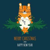 Frohe Weihnachten Grußkarte mit niedlichen Cartoon-Tiger in Tannenzweigen vektor