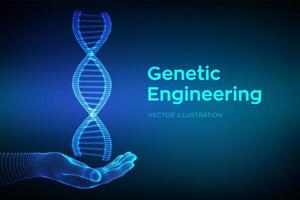 dna-sekvensen i handen. wireframe dna molekyler struktur mesh. vektor