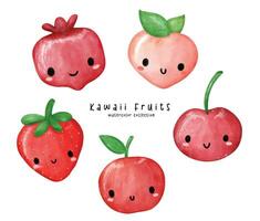 Aquarell kawaii rot Früchte Sammlung. süß und bunt Abbildungen vektor