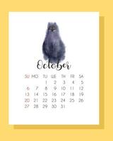 oktober kalender 2024 med hand dragen vattenfärg svart katt. kalender 2024. höst kalender 2024 med söt, fluffig katt. vektor