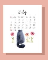 juli kalender 2024 med hand dragen vattenfärg svart katt. kalender 2024. sommar kalender 2024 med söt, fluffig katt. vektor