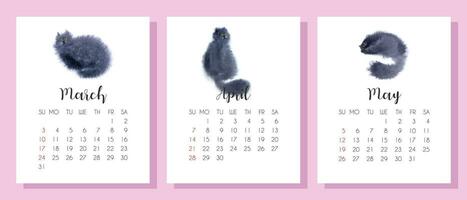 Frühling Kalender 2024 mit Hand gezeichnet Aquarell schwarz Katze. Frühling Kalender 2024 mit Niedlich, flauschige Katze. vektor