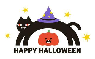 halloween baner hälsning fest kort affisch försäljning. svart katt magi pumpa enkel konst tecknad serie stil vektor