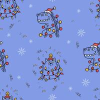 jul sömlös mönster med söt drake och katt med krans på blå bakgrund med snöflingor. vektor illustration för ny år design, tapet, förpackning, textil.