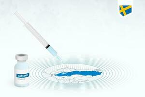 covid-19 Impfung im Schweden, Coronavirus Impfung Illustration mit Impfstoff Flasche und Spritze Injektion im Karte von Schweden. vektor