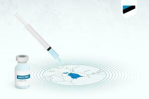 covid-19 vaccination i estland, coronavirus vaccination illustration med vaccin flaska och spruta injektion i Karta av estland. vektor