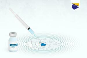 covid-19 Impfung im Bosnien und Herzegowina, Coronavirus Impfung Illustration mit Impfstoff Flasche und Spritze Injektion im Karte von Bosnien und Herzegowina. vektor