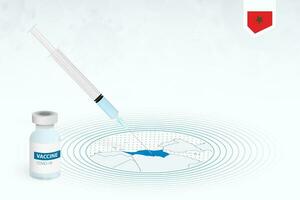 covid-19 Impfung im Marokko, Coronavirus Impfung Illustration mit Impfstoff Flasche und Spritze Injektion im Karte von Marokko. vektor