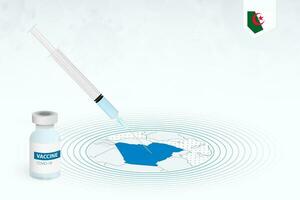 covid-19 Impfung im Algerien, Coronavirus Impfung Illustration mit Impfstoff Flasche und Spritze Injektion im Karte von Algerien. vektor