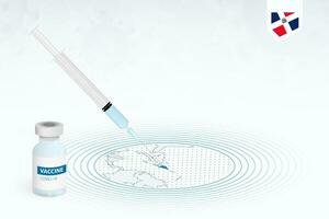 covid-19 Impfung im dominikanisch Republik, Coronavirus Impfung Illustration mit Impfstoff Flasche und Spritze Injektion im Karte von dominikanisch Republik. vektor