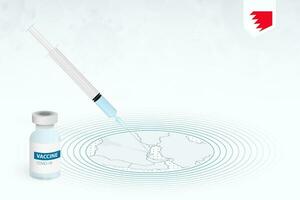covid-19 Impfung im Bahrein, Coronavirus Impfung Illustration mit Impfstoff Flasche und Spritze Injektion im Karte von Bahrein. vektor