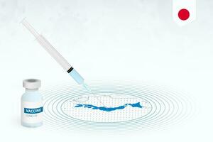 covid-19 Impfung im Japan, Coronavirus Impfung Illustration mit Impfstoff Flasche und Spritze Injektion im Karte von Japan. vektor