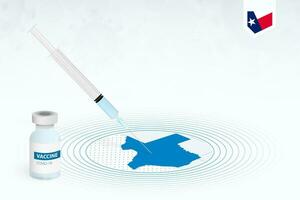 covid-19 Impfung im Texas, Coronavirus Impfung Illustration mit Impfstoff Flasche und Spritze Injektion im Karte von Texas. vektor