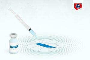 covid-19 Impfung im Tennessee, Coronavirus Impfung Illustration mit Impfstoff Flasche und Spritze Injektion im Karte von Tennessee. vektor