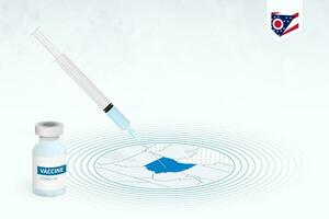 covid-19 Impfung im Ohio, Coronavirus Impfung Illustration mit Impfstoff Flasche und Spritze Injektion im Karte von Ohio. vektor