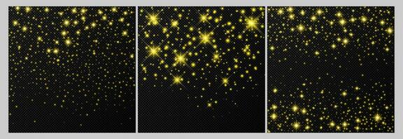 einstellen von drei Gold Kulissen mit Sterne und Staub funkelt isoliert auf dunkel Hintergrund. feierlich magisch Weihnachten leuchtenden Licht Wirkung. Vektor Illustration.