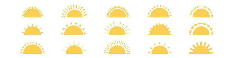 Sol ikon uppsättning. soluppgång, solnedgång, strålar, och sunburst element. platt vektor illustration isolerat på vit bakgrund.