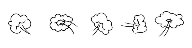 tecknad serie poff moln skildrar en brista av rök, effekter tycka om fart, hoppa, eller damm i de luft. platt vektor illustration isolerat på vit bakgrund.