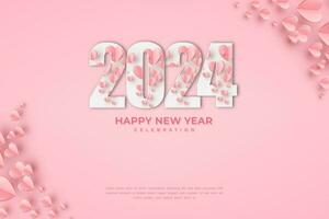 glücklich Neu Jahr 2024. festlich realistisch Dekoration auf Rosa Prämie Hintergrund mit Papierschnitt Liebe Dekoration zum feiern 2024 Party und Poster vektor