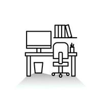 Büro Schreibtisch Symbol. Arbeitsplatz Symbol. Arbeit, Büro, Arbeiten unterzeichnen. das Tisch, Computer, Stifthalter, Stift, und Mülltonne Symbole. Arbeitsplatz Vektor Illustration