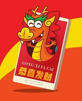 tecknad serie kinesisk drake popping ut från mobil telefon hälsning kinesisk ny år 2024 vektor