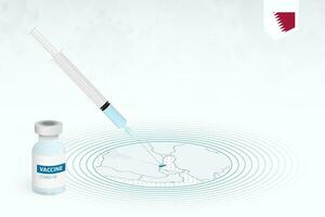covid-19 Impfung im Katar, Coronavirus Impfung Illustration mit Impfstoff Flasche und Spritze Injektion im Karte von Katar. vektor