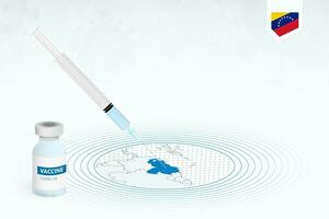 covid-19 Impfung im Venezuela, Coronavirus Impfung Illustration mit Impfstoff Flasche und Spritze Injektion im Karte von Venezuela. vektor