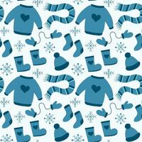 sömlös mönster med vinter- kläder. Tröja, strumpor, stövlar, scarf, vantar, hatt och snöflingor. vektor platt illustration.