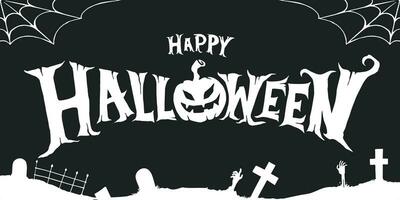 Lycklig halloween text på svart bakgrund med gravstenar och Spindel webb vektor