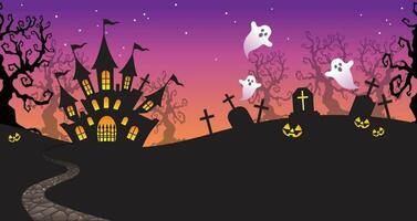 halloween bakgrund med kyrkogård, slott och spöken vektor