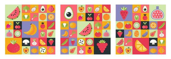 uppsättning av isolerat abstrakt geometrisk mönster bakgrund i bauhaus stil med olika frukter, bär, grönsaker. färgrik vektor design mall för omslag, broschyr, baner, meny. retro illustration