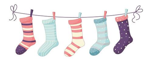 Wäscheleine Socken mit Texturen und Muster. Vektor Illustration