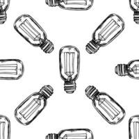 sömlös mönster av ritad för hand elektrisk ljus Glödlampa. svartvitt illustration i skiss stil. årgång, klotter. vektor