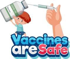 vaccin är säkert typsnitt med en pojke som håller vaccinflaskan vektor