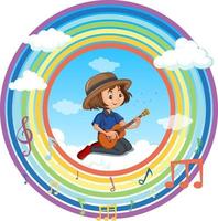 glückliches Mädchen, das Gitarre im runden Rahmen des Regenbogens mit Melodiesymbol spielt vektor