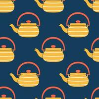 vektor randig te vattenkokare sömlös mönster. trendig gul och röd te vattenkokare på mörk blå bakgrund. te tid bakgrund.