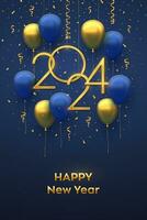 glücklich Neu 2024 Jahr. hängend golden metallisch Zahlen 2024 mit 3d festlich Helium Luftballons und fallen Konfetti auf Blau Hintergrund. Neu Jahr, Weihnachten Gruß Karte, Banner Vorlage. Vektor Illustration.