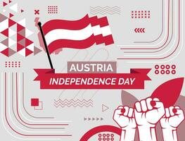Österreich National Tag Banner mit Karte, Flagge Farben Thema Hintergrund und geometrisch abstrakt retro modern bunt Design mit angehoben Hände oder Fäuste. vektor